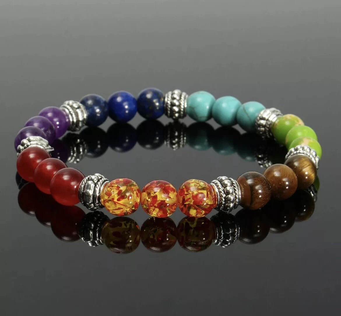 7 Chakra Natural Healing Stone Round Gemstone Yoga Energy Bead Bracelet X2